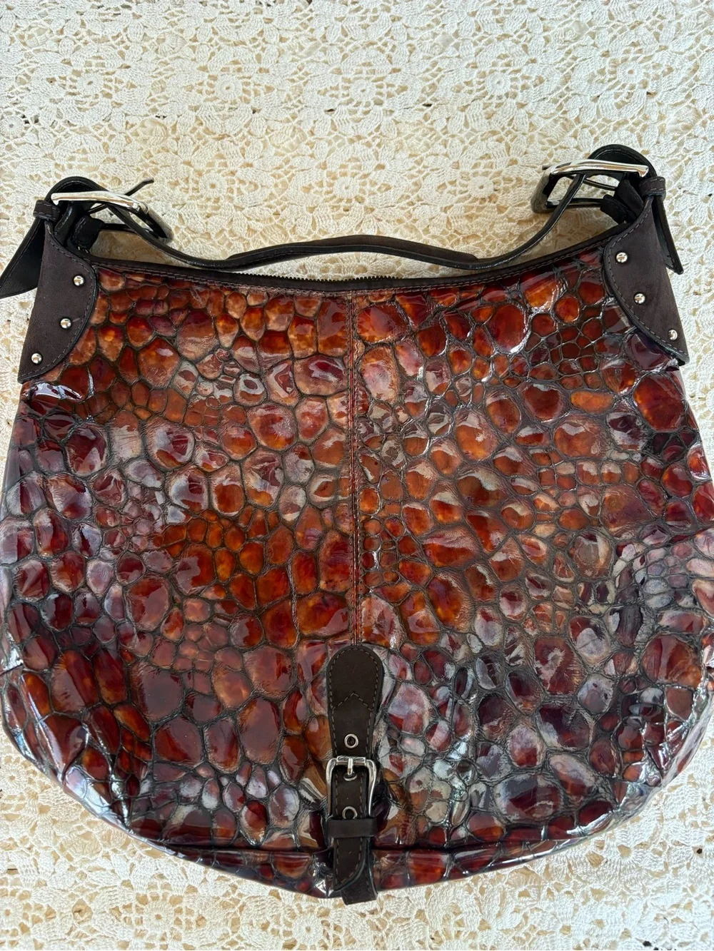Donald J. Pliner Brown Suede  Crocodile Embossed Hobo Shoulder bag